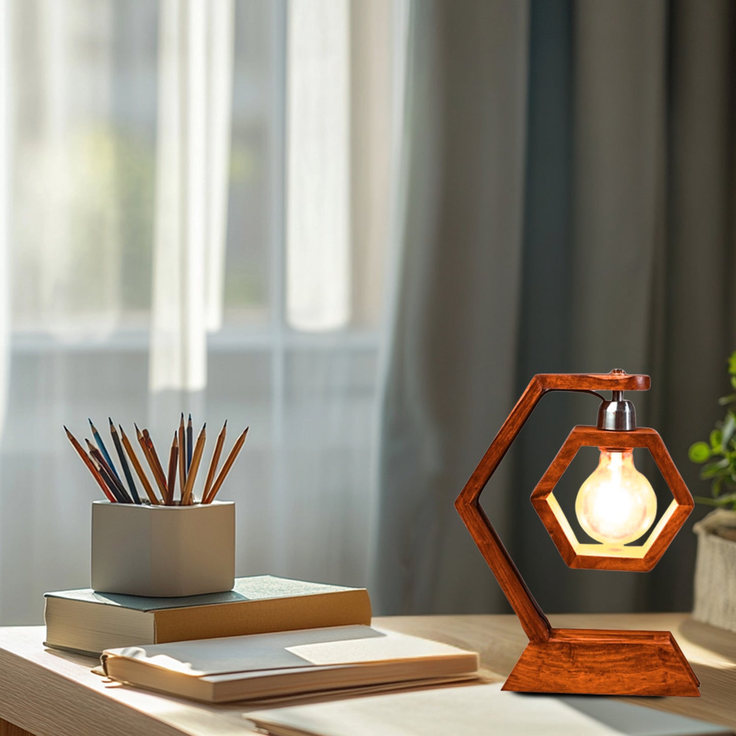 Architectural Wooden Hexagon Table Lamp