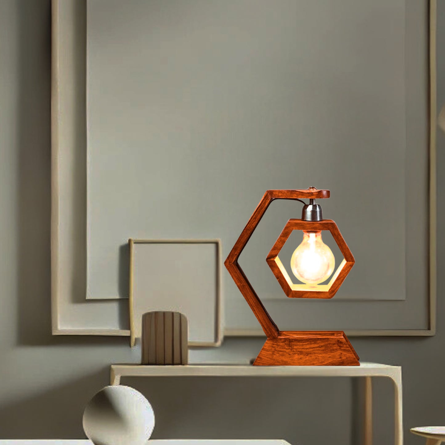 Architectural Wooden Hexagon Table Lamp