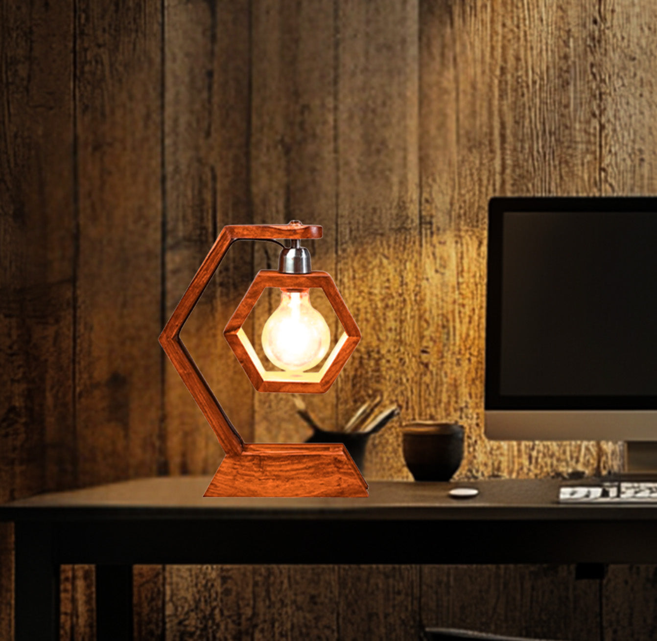 Architectural Wooden Hexagon Table Lamp